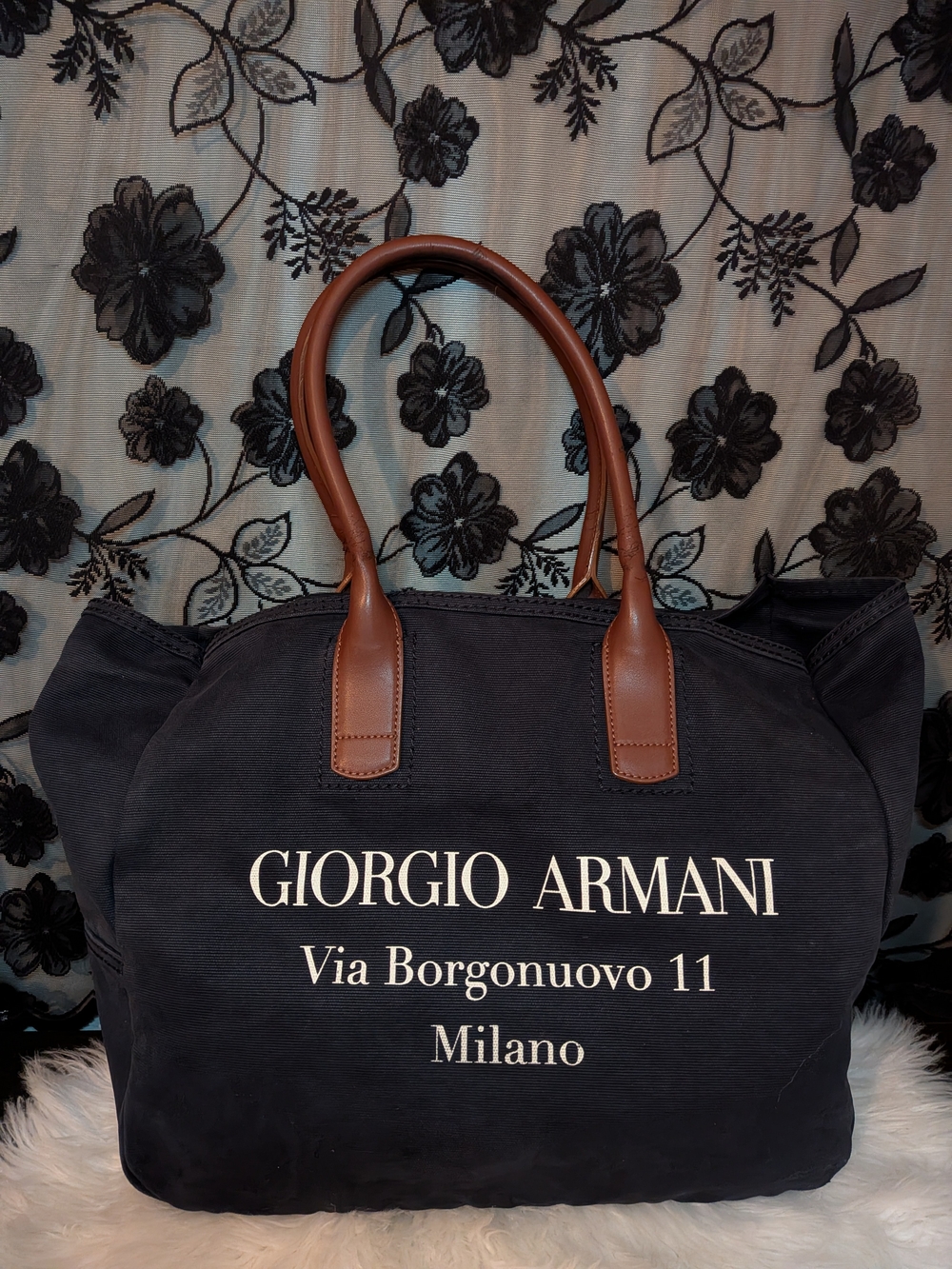 Giorgio Armani Large Navy Canvas Tote – Brown Leather Handles – Made in Italy